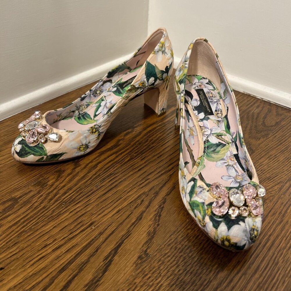 Dolce Gabbana Floral Pink Pumps with Jewels